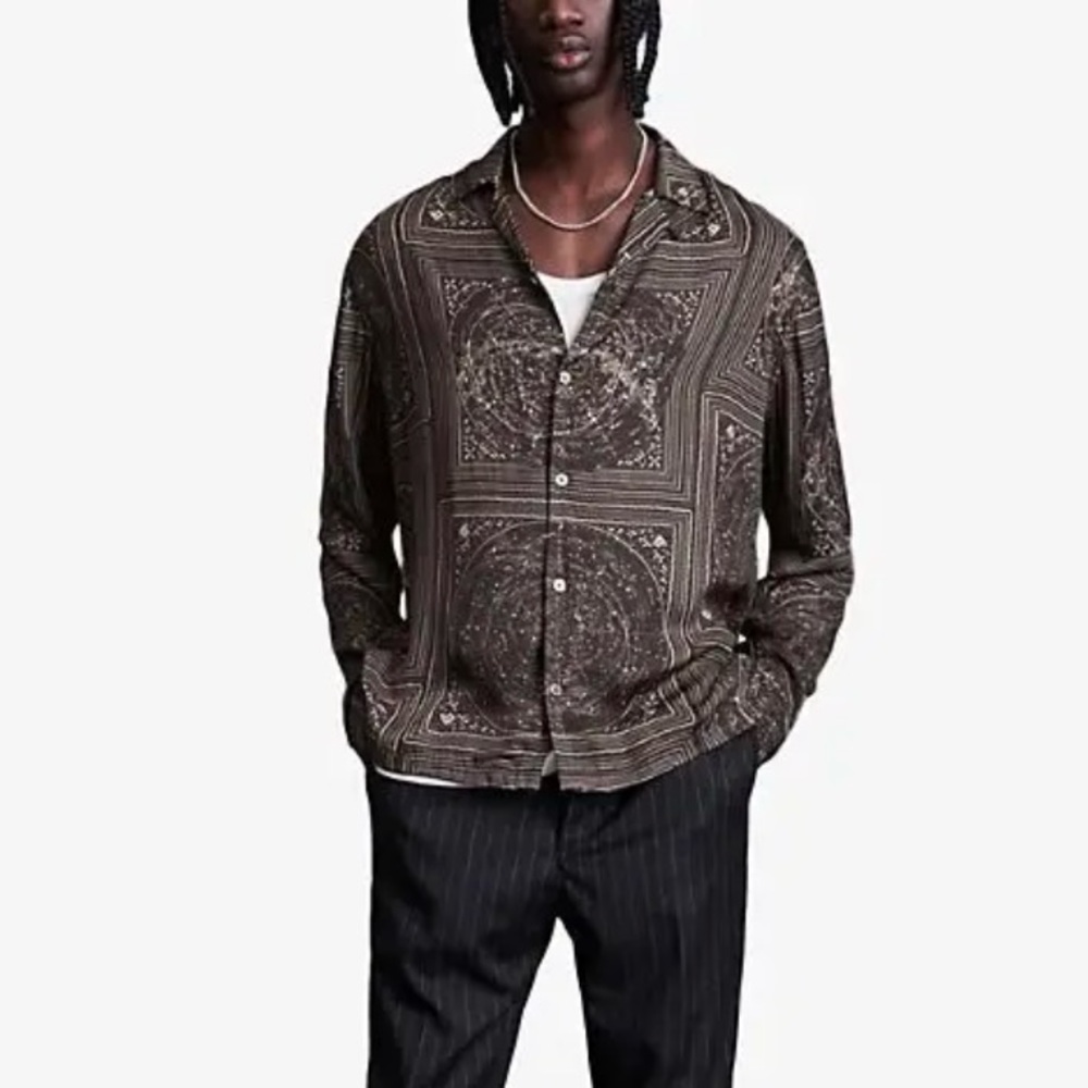 ALLSAINTS Jet Black Star Bandana Camp-Collar Crepe Shirt Medium